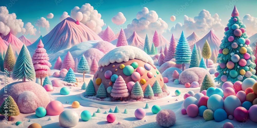 Whimsical Winter Wonderland with Snowy Trees and Colorful Balls, 3D Render, Fantasy Landscape , Christmas , Winter Whimsical Winter Wonderland with Snowy Trees and Colorful Balls, 3D Render, Fantasy Landscape , Christmas , Winter