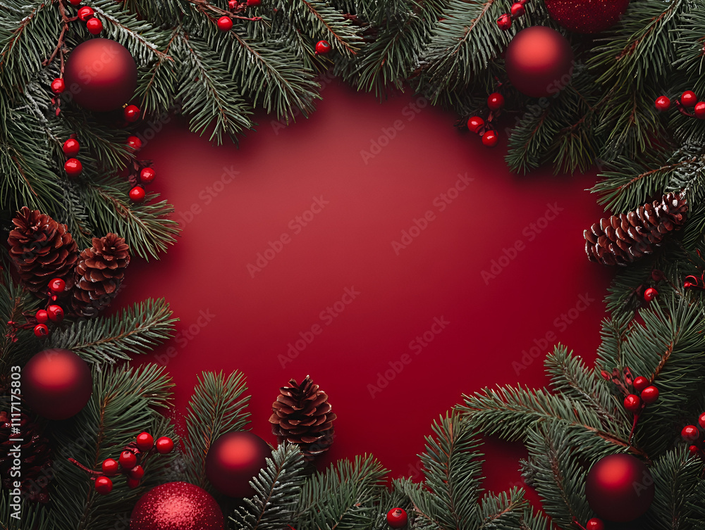 red background with green tree branches and red Christmas tree balls red background with green tree branches and red Christmas tree balls