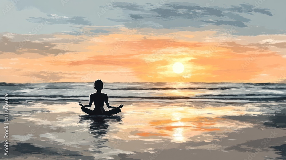 custom made wallpaper toronto digitalA serene silhouette meditating by the ocean at sunset, reflecting tranquility and mindfulness.