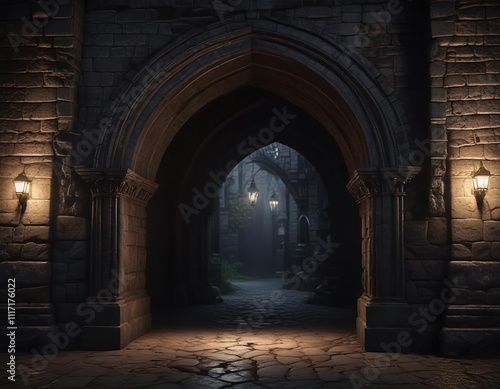 Gothic archway with illuminated electric lights bordering the dark stone facade, mystical, gothic arch, dark stone