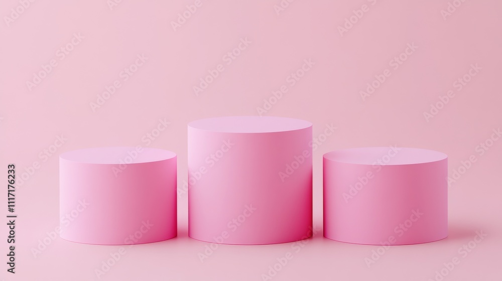 Three pink cylindrical podiums against a backdrop. Three pink cylindrical podiums against a backdrop.