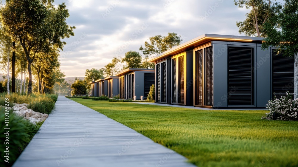 Modern modular houses with sleek design and lush green landscape in a serene outdoor setting Modern modular houses with sleek design and lush green landscape in a serene outdoor setting