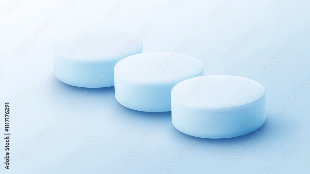 Three round white tablets on a blue background. Three round white tablets on a blue background.