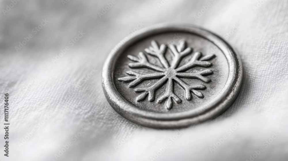 Close-up of a silver wax seal with a snowflake pattern Close-up of a silver wax seal with a snowflake pattern