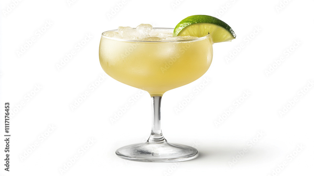 Refreshing Yellow Cocktail with Lime Garnish in Coupe Glass Refreshing Yellow Cocktail with Lime Garnish in Coupe Glass