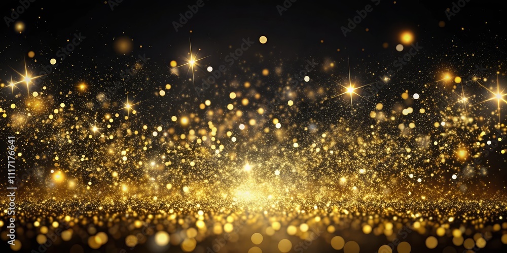 Golden Glitter and Stars on Black Background, bokeh, sparkle, glitter, glow, light, celebration Golden Glitter and Stars on Black Background, bokeh, sparkle, glitter, glow, light, celebration
