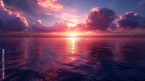 Vibrant sunset over calm ocean, pink clouds reflecting on water.