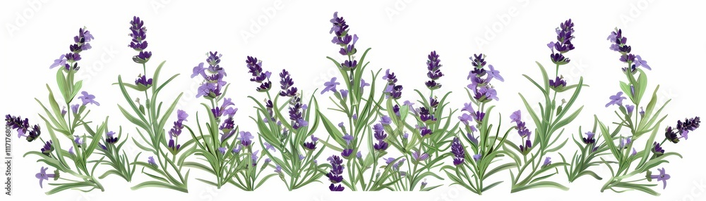 Obraz premium A delicate arrangement of lavender flowers, showcasing their vibrant purple hue and lush green leaves, creating a serene and calming visual.