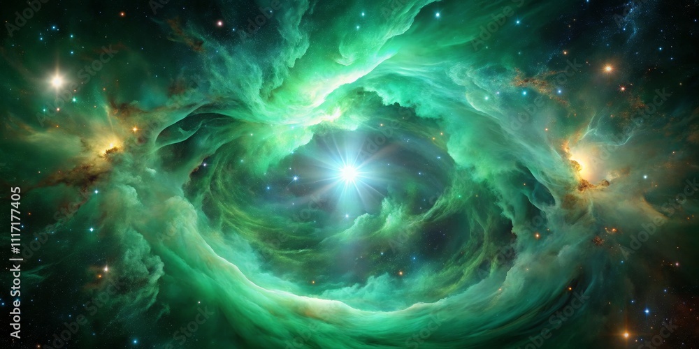 Celestial Nebula with Glowing Stars and Swirling Green Gas, nebula, space Celestial Nebula with Glowing Stars and Swirling Green Gas, nebula, space