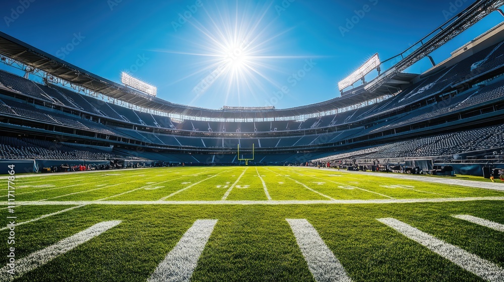 Bright Sun Over Empty Football Stadium Field Bright Sun Over Empty Football Stadium Field