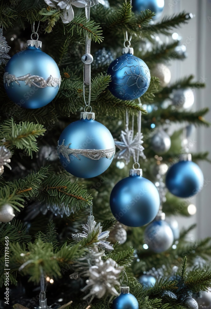 Icy Blue and Silver Ornaments in a Christmas Tree, sparkly, shine Icy Blue and Silver Ornaments in a Christmas Tree, sparkly, shine