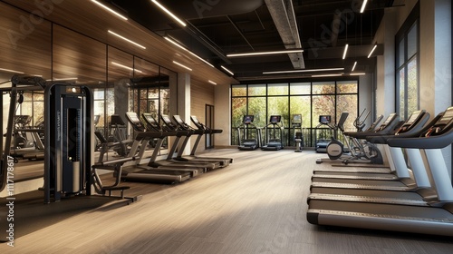 Modern Gym Interior with Fitness Equipment and Windows