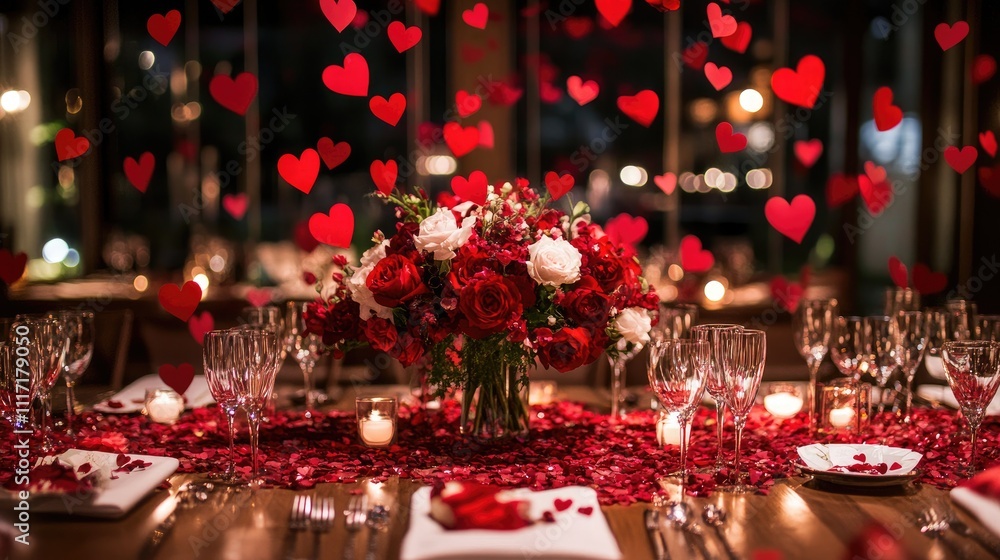 Romantic Table Setting with Red Roses and Floating Heart Decorations Romantic Table Setting with Red Roses and Floating Heart Decorations