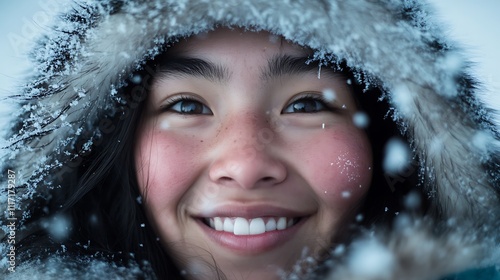 Close-up portrait of a smiling young woman with rosy cheeks, nestled in a fur-trimmed hood, amidst falling snowflakes. photo