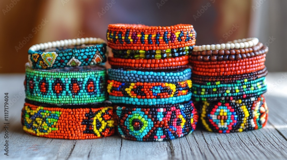 Colorful Handmade Beaded Bracelets Stacked on a Rustic Wooden Table Colorful Handmade Beaded Bracelets Stacked on a Rustic Wooden Table