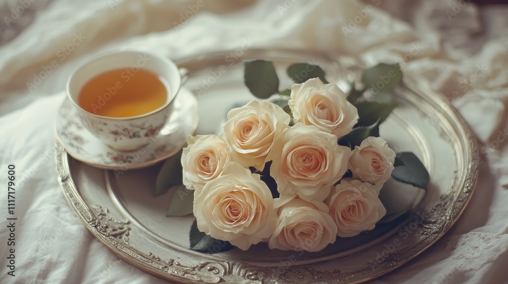Elegant Arrangement of Cream Roses and Tea on Vintage Tray Elegant Arrangement of Cream Roses and Tea on Vintage Tray