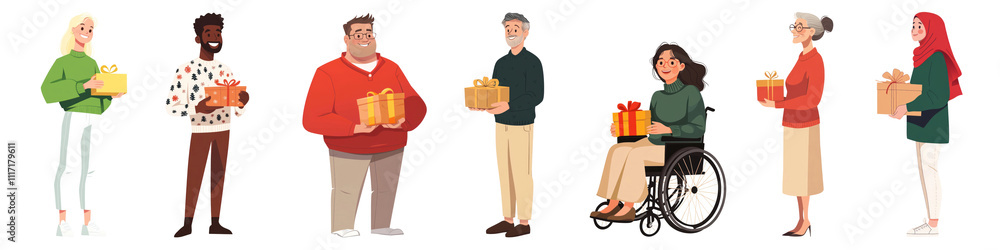 PNG People holding gift box illustration. Christmas people illustration set on transparent background PNG People holding gift box illustration. Christmas people illustration set on transparent background