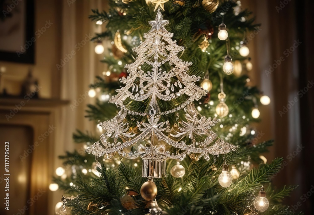 Intricate crystal decorations on a beautifully lit Christmas tree reflect the beauty of the festive season , decoration, shimmer, holiday Intricate crystal decorations on a beautifully lit Christmas tree reflect the beauty of the festive season , decoration, shimmer, holiday