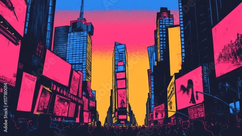 Vibrant Sunset Over Times Square: A Colorful Cityscape with Neon Lights and Crowds Capturing the Essence of New York's Iconic Landmark