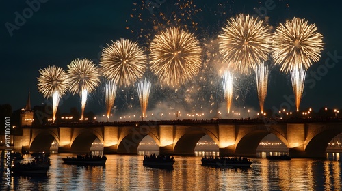 Fireworks display over illuminated bridge at night. photo