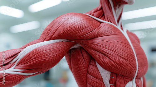 Anatomical close-up of human muscle structure showcasing intricate details.
