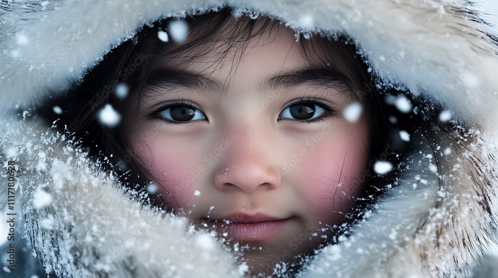 Close-up portrait of a young girl's face partially hidden by a fluffy, white hooded parka, with snowflakes falling around her. Close-up portrait of a young girl's face partially hidden by a fluffy, white hooded parka, with snowflakes falling around her.