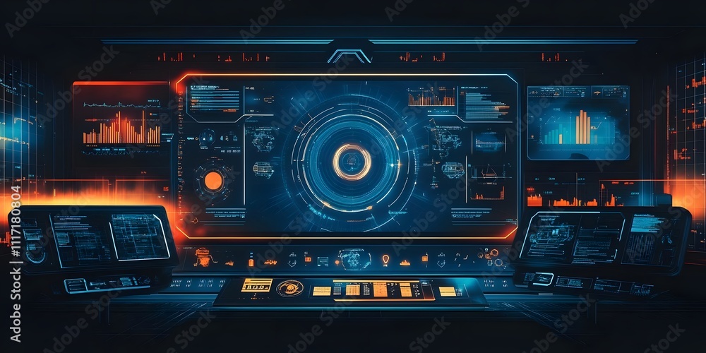 Futuristic control panel displaying data analytics and monitoring systems. Futuristic control panel displaying data analytics and monitoring systems.