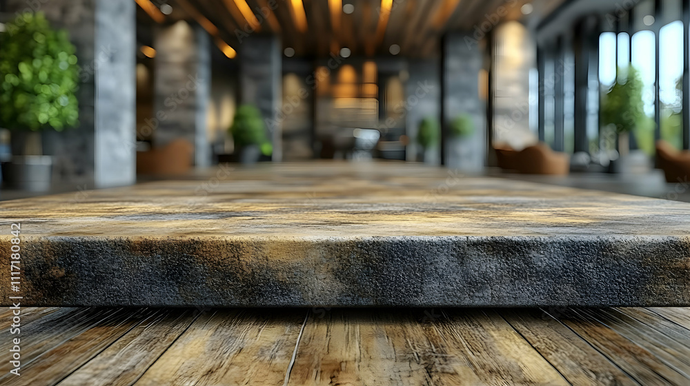 Rustic wooden table in modern lobby. Rustic wooden table in modern lobby.