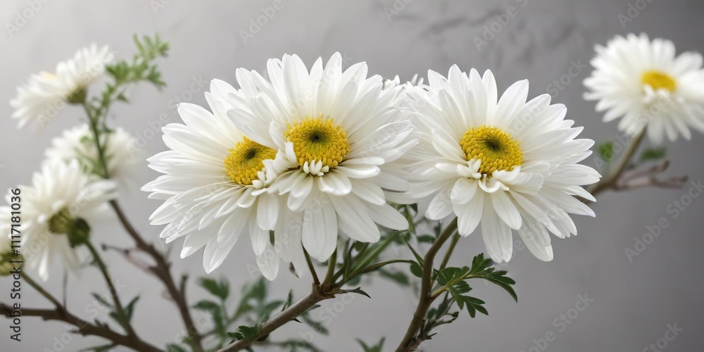 Obraz premium Large white chrysanthemum flower facing forward on a branch, branch, flower details