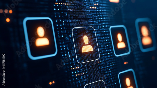 Futuristic digital interface with user icons and glowing elements on a dark background.