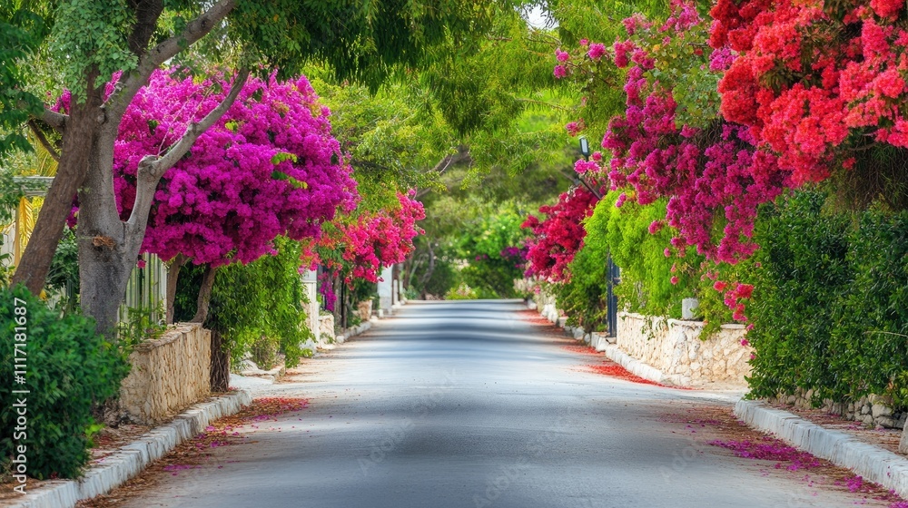 Fototapeta premium Serene Tree-Lined Street with Vibrant Bougainvillea Blooms