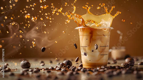A cup of coffee with a splash of milk and a few coffee beans on the table. The image has a warm and inviting mood, with the steam rising from the cup and the coffee beans scattered around it
