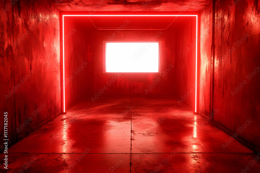 Red neon light illuminates a grunge room with a blank screen. Red neon light illuminates a grunge room with a blank screen.