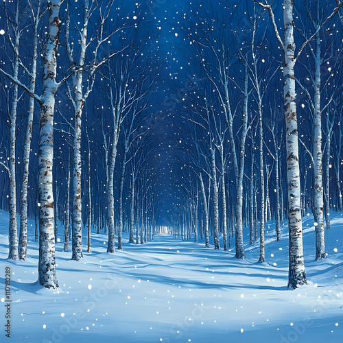 Snow falling in a birch forest path at night.