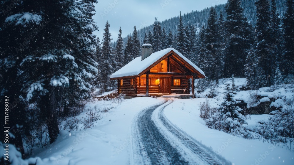Snowy Winter Cabin Surrounded by Pine Trees in a Tranquil Forest Setting with Warm Light Glowing Snowy Winter Cabin Surrounded by Pine Trees in a Tranquil Forest Setting with Warm Light Glowing