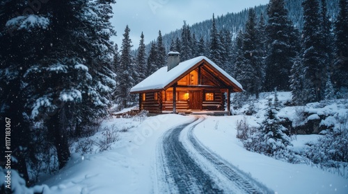 Snowy Winter Cabin Surrounded by Pine Trees in a Tranquil Forest Setting with Warm Light Glowing