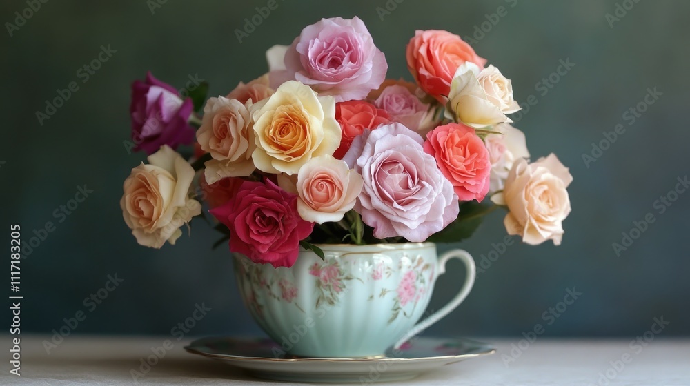 Charming Tea Cup Filled with Colorful Roses on a Subtle Background Charming Tea Cup Filled with Colorful Roses on a Subtle Background