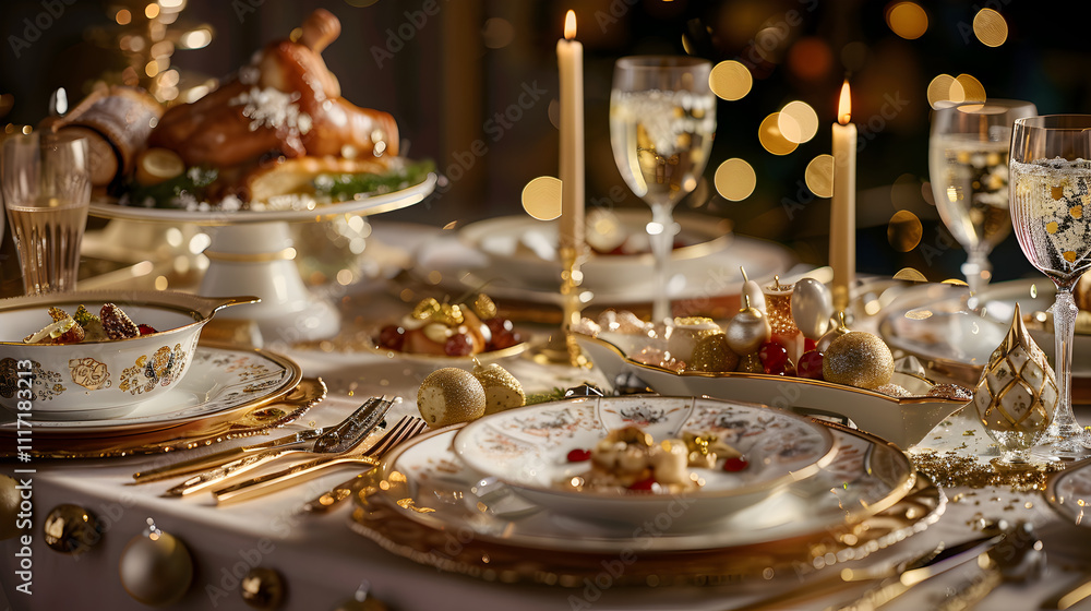 A table with a lot of gold and silverware and a lot of food. The table is set for a fancy dinner A table with a lot of gold and silverware and a lot of food. The table is set for a fancy dinner