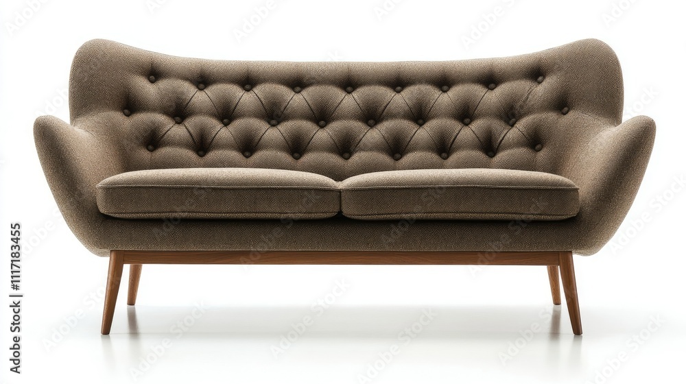 Fototapeta premium Elegant Mid-Century Modern Sofa with Button Tufts and Wooden Legs