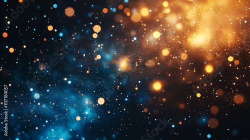 Cosmic Sparkle: A mesmerizing abstract background, a captivating blend of blue and gold bokeh lights evokes a sense of celestial wonder and the magic of the universe. 