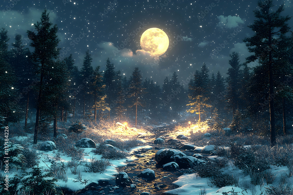 Snowy forest path at night, illuminated by moon and firelight. Snowy forest path at night, illuminated by moon and firelight.