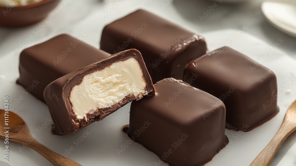 Delicious Chocolate-Covered Dessert with Creamy Filling on Plate Delicious Chocolate-Covered Dessert with Creamy Filling on Plate