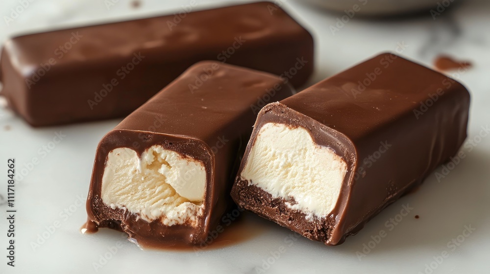 Delicious Chocolate Bar with Creamy Vanilla Filling on Marble Surface Delicious Chocolate Bar with Creamy Vanilla Filling on Marble Surface