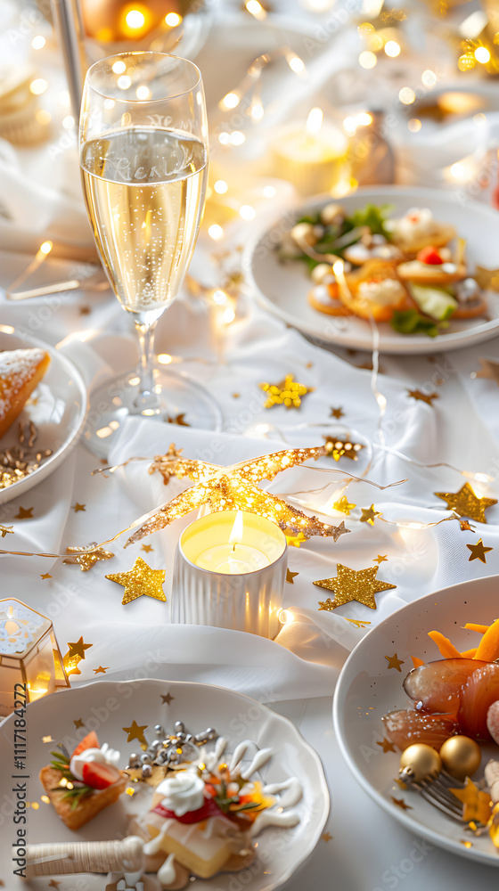 A table with a variety of food and drinks, including a glass of champagne and a candle. The table is covered in gold glitter and stars, giving it a festive and celebratory atmosphere A table with a variety of food and drinks, including a glass of champagne and a candle. The table is covered in gold glitter and stars, giving it a festive and celebratory atmosphere
