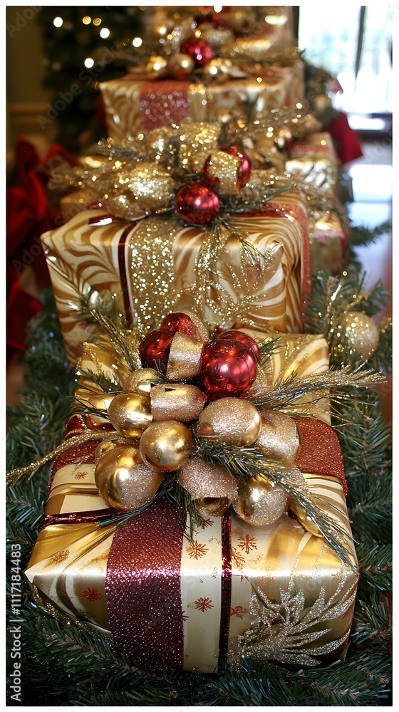 Fototapeta premium Gold and red Christmas gifts lined up.