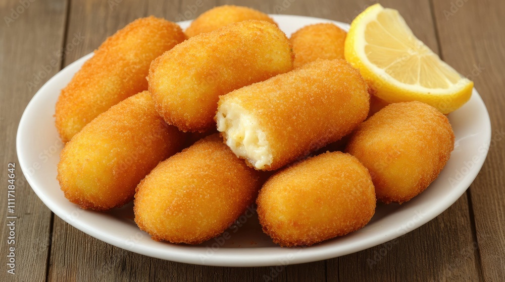 Delicious Crispy Fried Snack with Lemon Wedge on a White Plate Delicious Crispy Fried Snack with Lemon Wedge on a White Plate