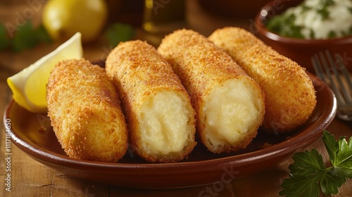 Wallpaper Mural Crispy Golden Potato Croquettes Served with Lemon and Sauce Torontodigital.ca