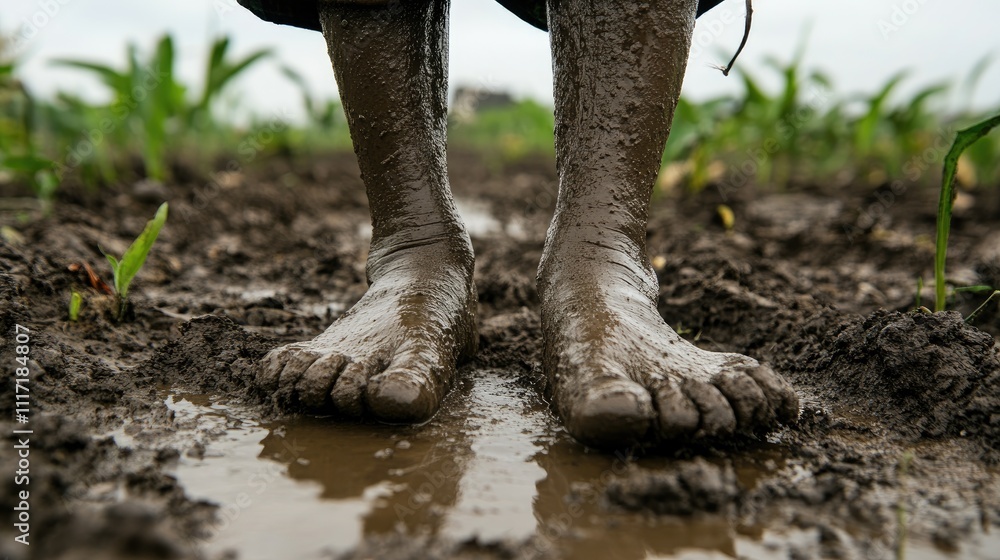 Fototapeta premium Feet in Muddy Soil at Agricultural Field During Rainy Season