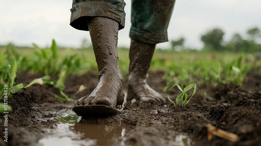 Muddy Feet Walking Through Wet Soil in Agricultural Field Muddy Feet Walking Through Wet Soil in Agricultural Field
