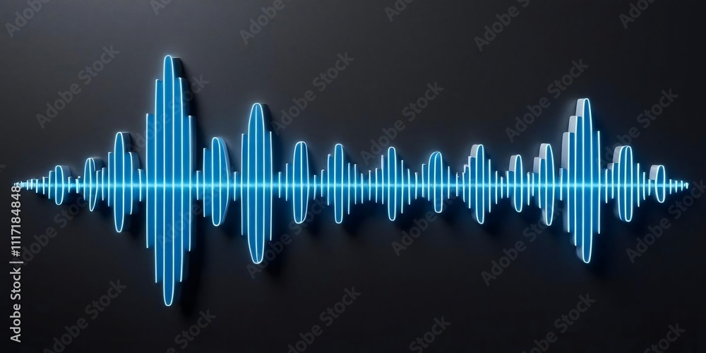 Dynamic Audio Waveform: A mesmerizing blue neon light visualization of sound frequencies pulsating rhythmically against a dark backdrop. Dynamic Audio Waveform: A mesmerizing blue neon light visualization of sound frequencies pulsating rhythmically against a dark backdrop.